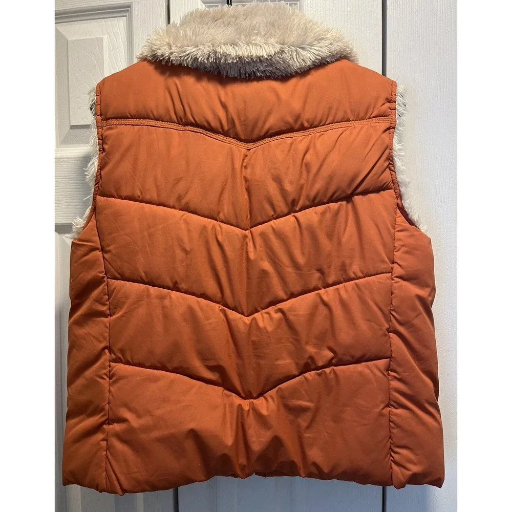 Vintage Y2K Baileys Point Orange Quilted Puffer Faux Fur Trim Womens Vest Size L